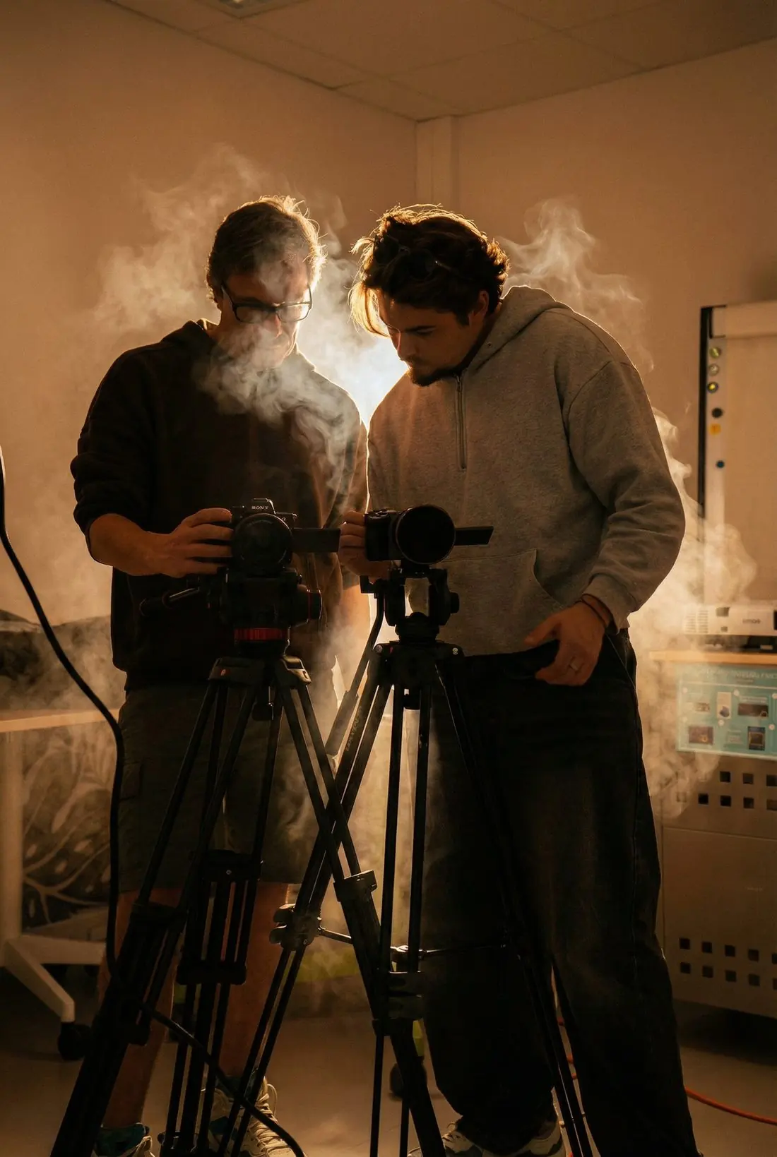 Deux caméras et de la fumée sur un tournage d'interview
